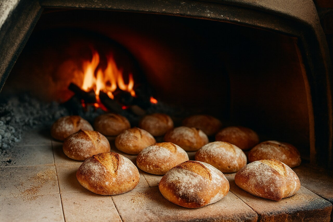 Trois pains artisanaux maison cuits au four à bois avec croûte dorée