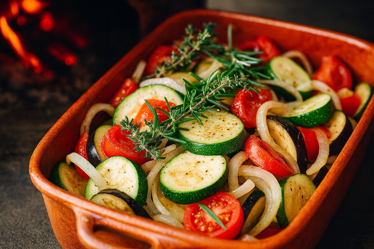 Légumes rôtis au four à bois avec courgettes tomates et romarin