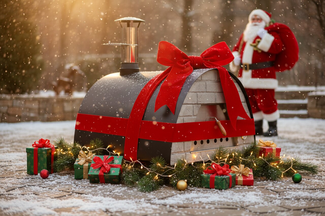Four à bois décoré pour Noël avec ruban rouge et cadeaux