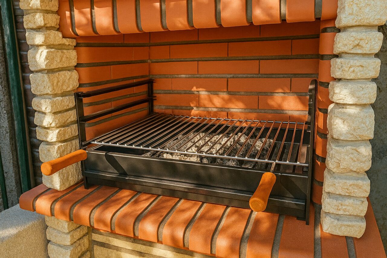 Espace de cuisson barbecue avec grille en métal et poignées en bois