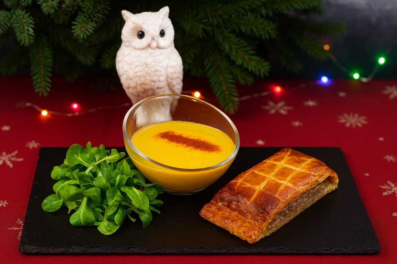 Pâté lorrain et velouté de potimarron cuits au four à bois