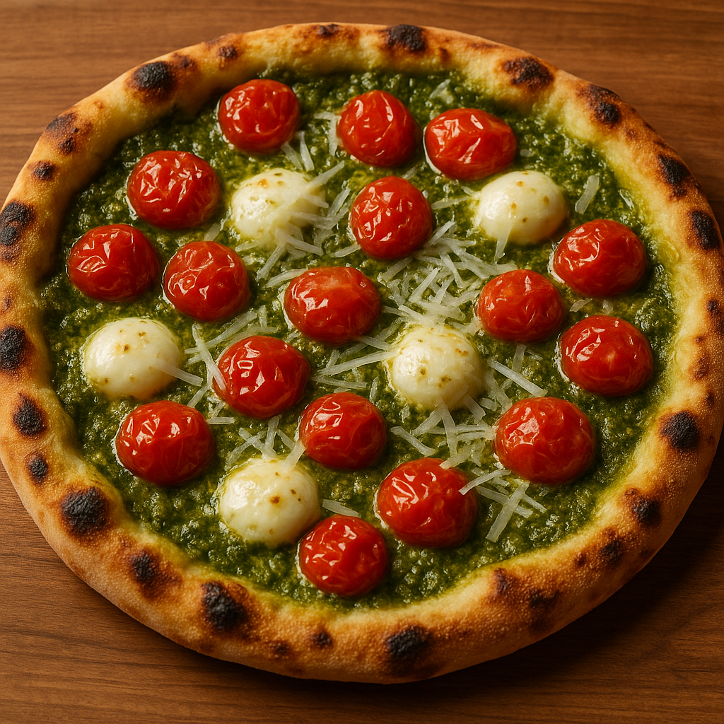 Pizza pesto tomates mozzarella parmesan cuite au four à bois