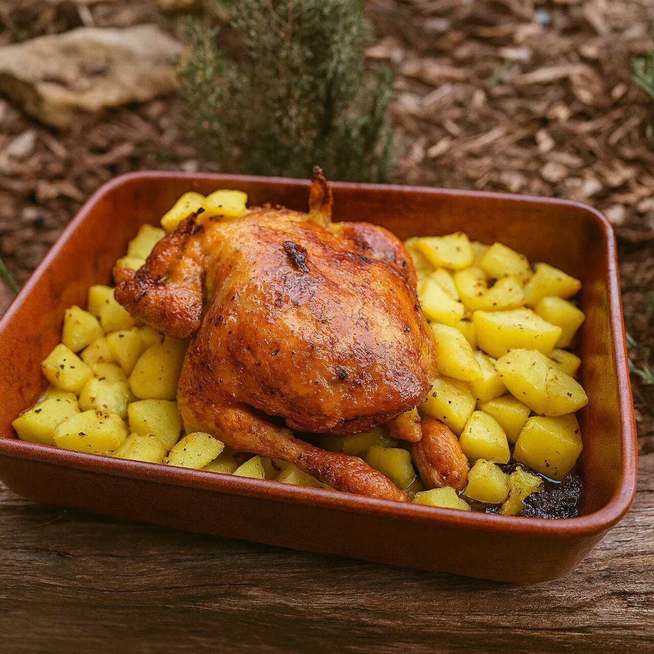Poulet rôti et pommes de terre dorées cuites au four à bois