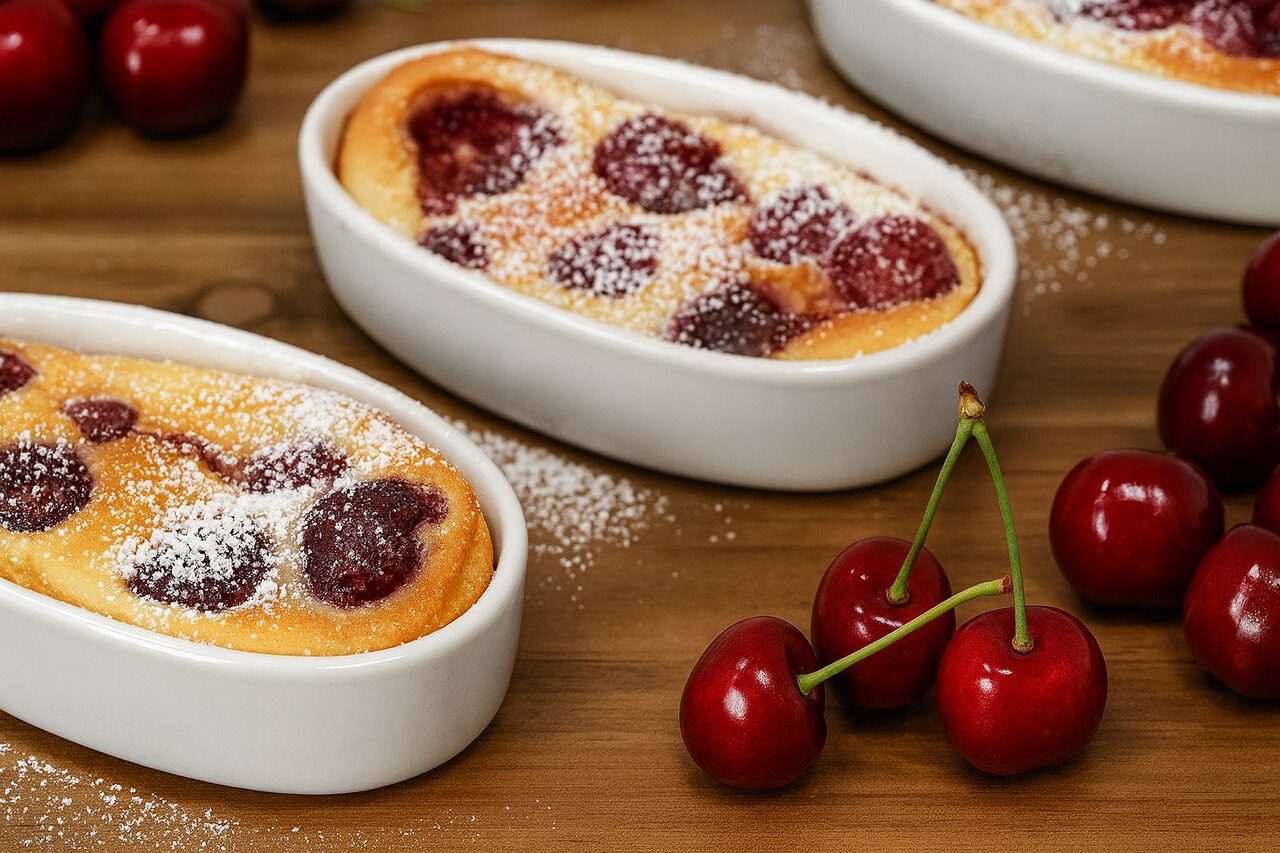 Clafoutis aux cerises cuit au four à bois avec fruits de saison
