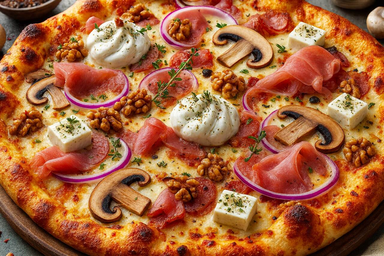 Pizza d'hiver avec légumes de saison cuite au four à bois Maximus