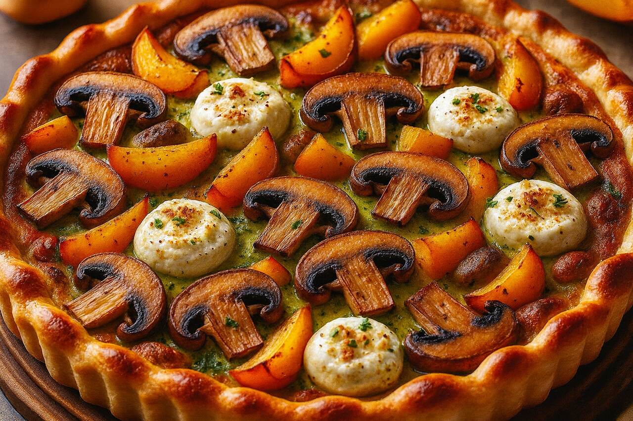Tarte champignons potimarron chèvre cuite au four à bois