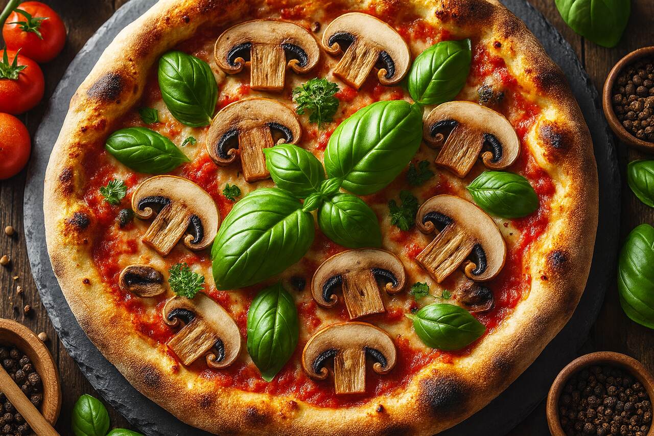 Pizza et plats aux champignons cuits au four à bois