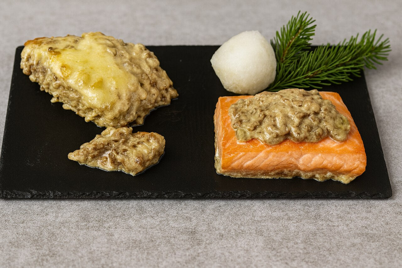 Saumon au poivre timut avec gratin de crozets cuit au four à bois