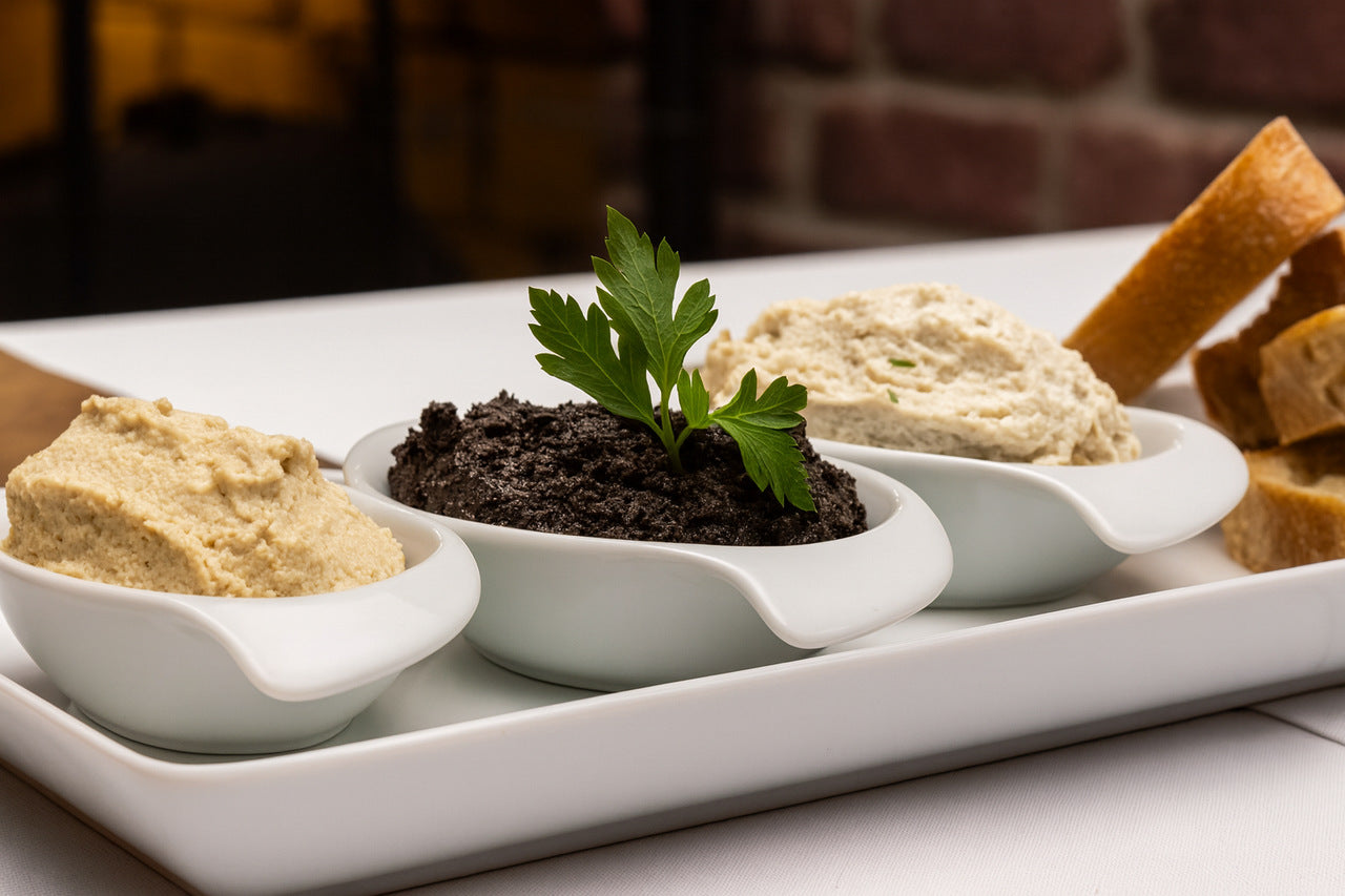 Tapenade traditionnelle aux olives noires dans un bol en terre cuite