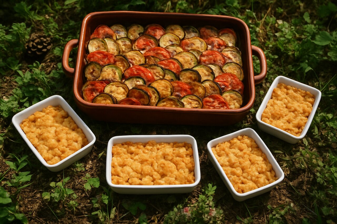 Tian de légumes provençal et crumble mangue cuits au four Maximus