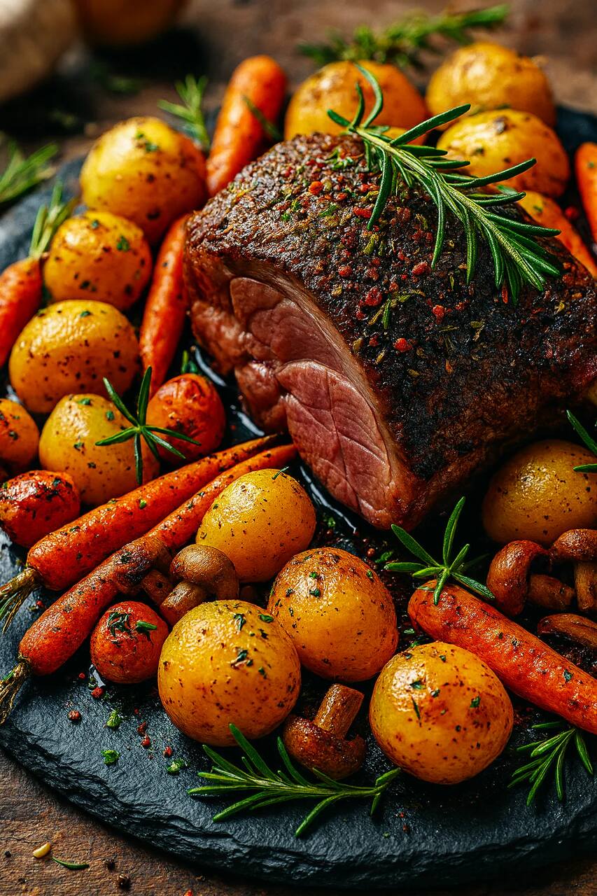 Gigot d'agneau rôti au four à bois avec légumes de Pâques