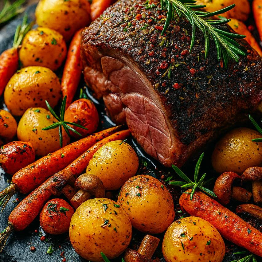 Gigot d'agneau rôti au four à bois avec légumes de Pâques