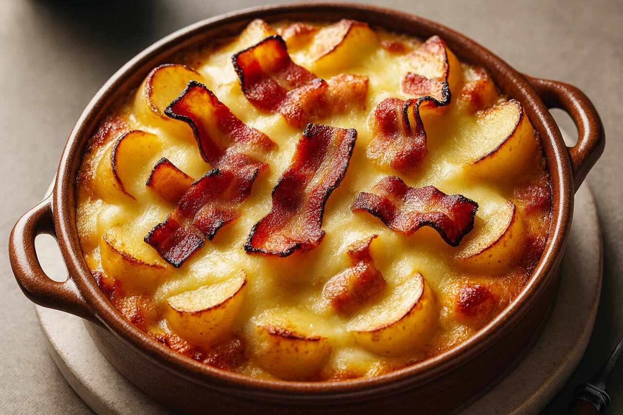 Tartiflette savoyarde gratinée cuite au four à bois avec reblochon