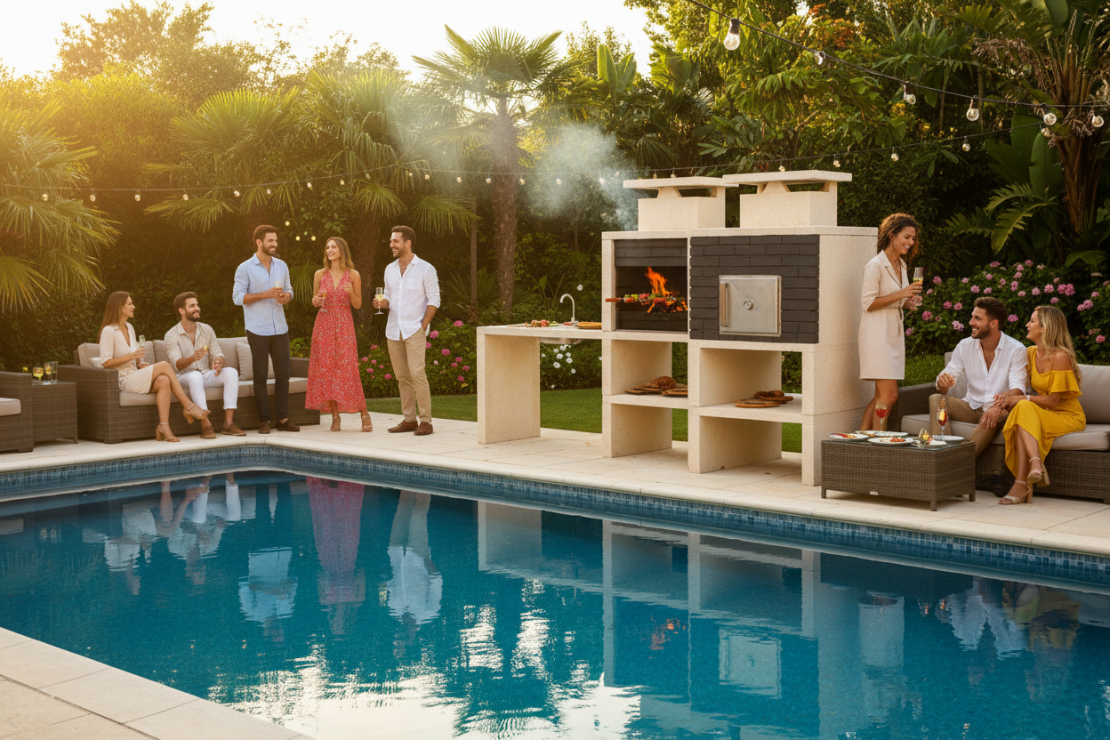 Barbecue em convívio de amigos na piscina